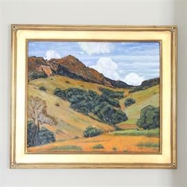 Charles Oil on Canvas Landscape Painting "Wendy": An oil on canvas landscape painting titled Wendy. This painting depicts a hillside expressed with hues of green and orange with a rocky terrain in the background and cloudy skies. It is signed “Wendy’ by Charles” to the lower right corner and presents in a gilt wood frame.