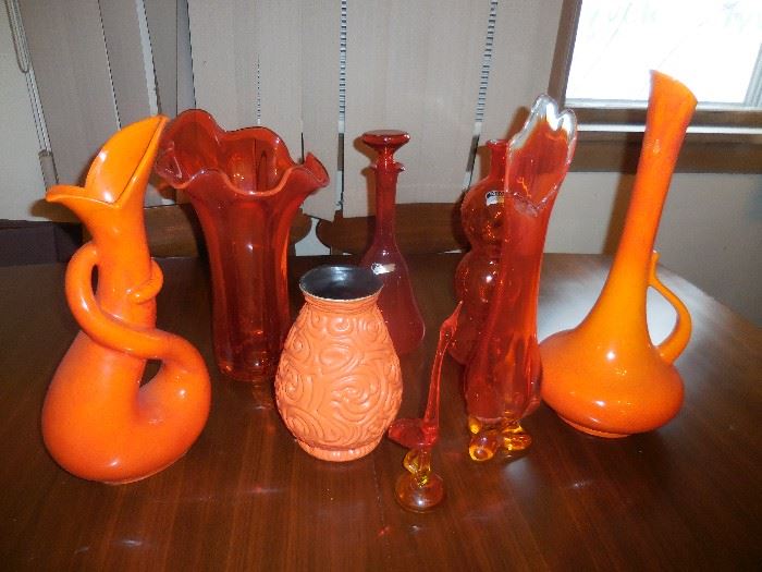 Mid Century Ceramic and Orange Stretch Vases