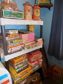 Vintage 60's-70's Games. Mattel Fighting Men Molds In Box, Mattel Power Builders in Case, Colorforms Chitty Chitty Bang Bang, Fisher Price Learn tell time.FUN ROOM!!!