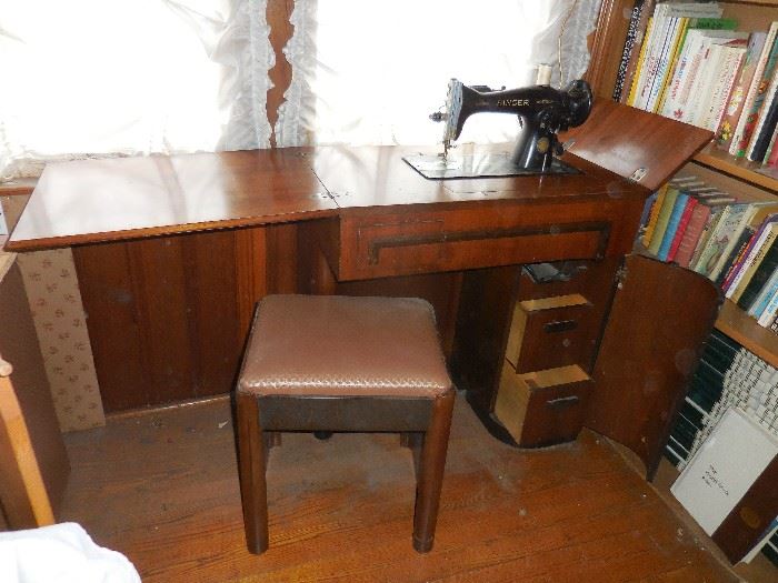 Vintage Sewing Machine with Cabinet and Stool
