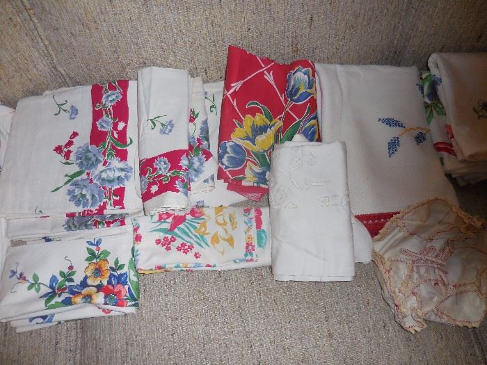 Vintage Printed Linen Kitchen Towels, Some Napkins
