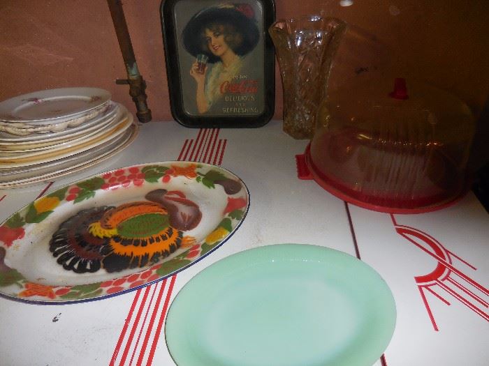Vintage Plates, Jadeite, Coca Cola Tray.Enamel White Red Double Drop Leaf Kitchen Table with Drawer