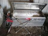 Aluminum Transfer Fuel Tank with Pump, hose, and nozzle with Tool Box on top