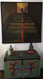 HAND CARVED/PAINTED CHEST, LARGE, BILL RICE OIL PAINTING, ASIAN FIGURES