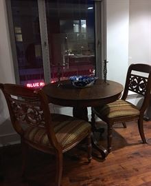 PAIR, 1940'S UPHOLSTERED CHAIRS, PEDESTAL TABLE 