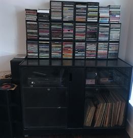 VINTAGE LP'S ACCESSORIES CD AND DVD PLAYER, AUDIO CABINET AND MORE CD'S