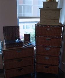 WROUGHT IRON AND WICKER CHEST OF DRAWERS AND SMALL DRESSER, STACKING DRAWERS