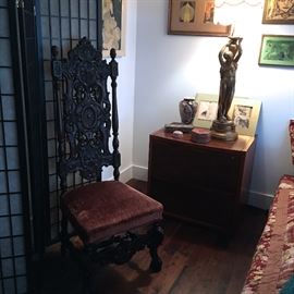MID-EVIL STYLE CARVED CHAIR, PAIN OF WALL SCREENS, WOOD CABINET, ART PIECES