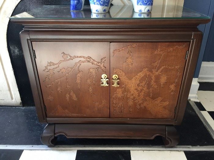 Glass Top Carved Face Ming Leg Oriental Styled Cabinet