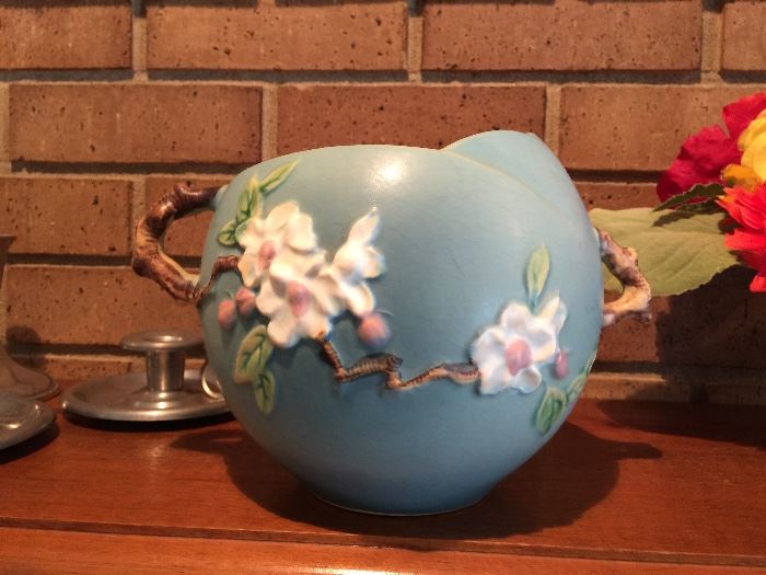 Vintage 1948 Roseville Art Pottery Blue Apple Blossom Double Handle Bowl 342-6 