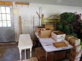 bench,double bed Brass and vintage painted headboards,plants