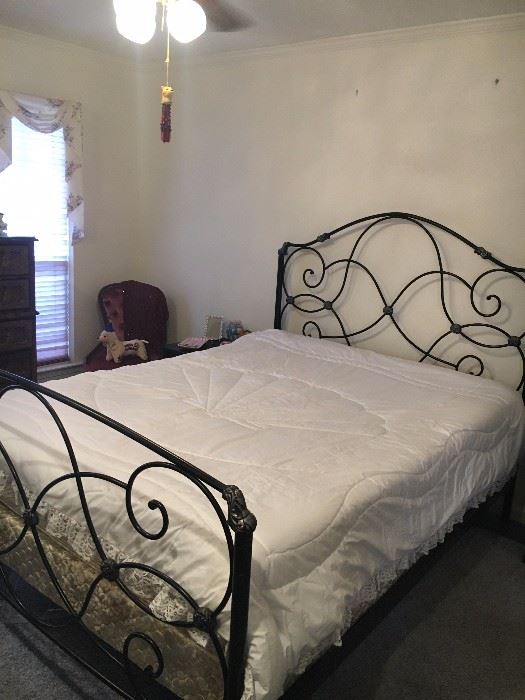 Black Iron Queen Size bed with great condition mattress & Box Springs