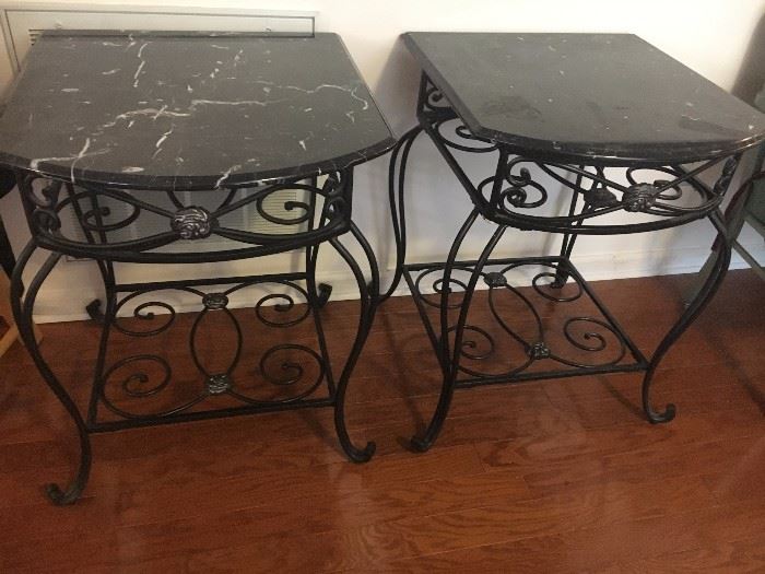 Matching Black Iron Side Tables w/Black Marble tops GREAT condition!!!