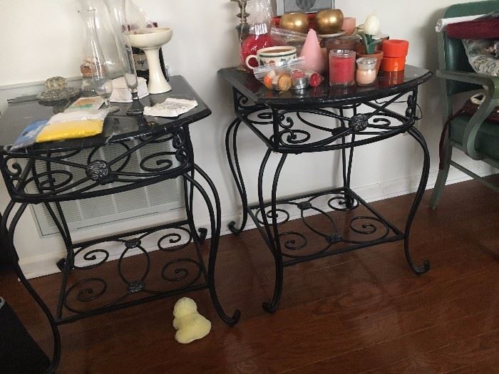 2 Matching Black Iron Table's with Black Marble Tops