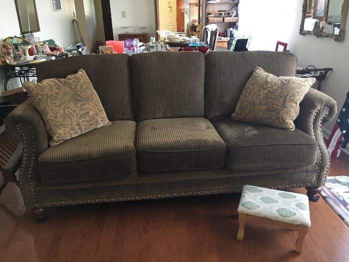 Very very nice brown corduroy type material 3 cousin sofa with Vintage looking large nail head trim!!!