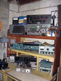Basement Right   Heathkit,  Modine, Micronta, Ruddell Sound System, Astatic, Mic, Speaker, Telegraph Key, Sears Analyzer