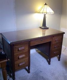 132 Vintage Solid Wood Desk and Tiffany Style Lamp 