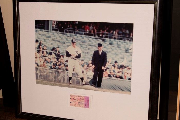 Signed Mickey Mantle Photo with 1956 Game 4 World Series Ticket