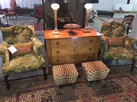 Pair armchairs upholstered in Marly cut velvet by Scalamandre.