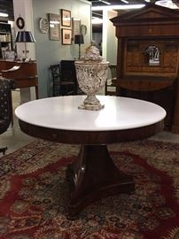 Ralph Lauren Empire style table with white marble top. Large agateware urn.