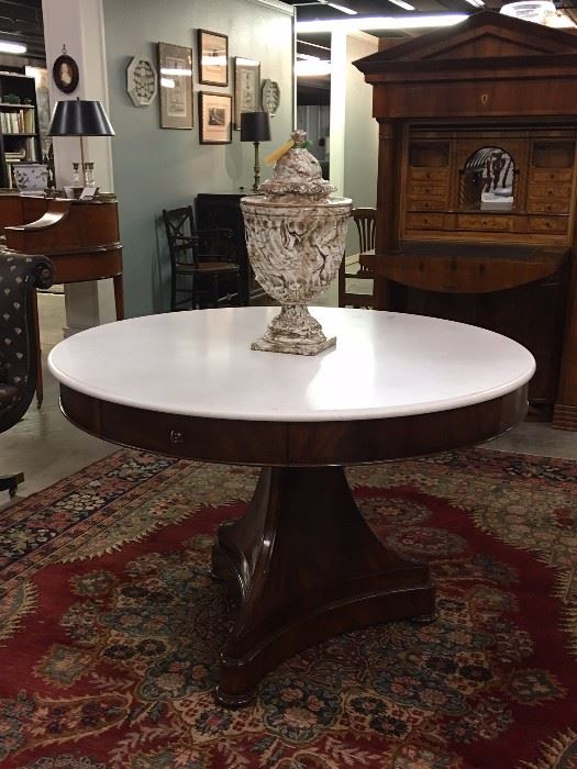 Ralph Lauren Empire style table with white marble top.  Large agateware urn.