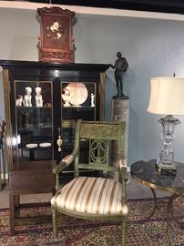 Ralph Lauren polychrome cabinet with inlaid brass. Period Directoire arm chair. Pair heavy crystal lamps by Paul Hanson, glass attributed to Baccarat.
