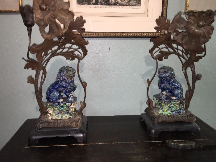 Pair antique French candle stands crafted around wonderful antique Chinese foo dogs.