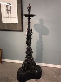 Massive antique bronze torchere after the original 16th c Italian Renaissance one. Bronze, marble and wood.