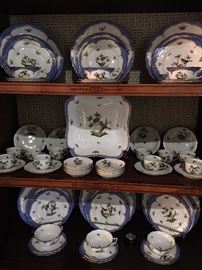 12 place settings of Rothschild Bird in blue. 7 pieces per place setting with four serving pieces including a large covered tureen. 88 pieces total.