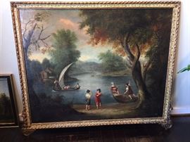 Large 18th/19th century Italian landscape with figures in fantastic frame.