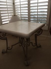 2 stone top, scroll metal leg end tables