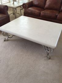 Stone top coffee table with scroll metal legs