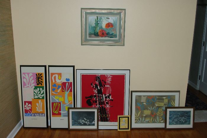 Selection of framed art, lithos, paintings.