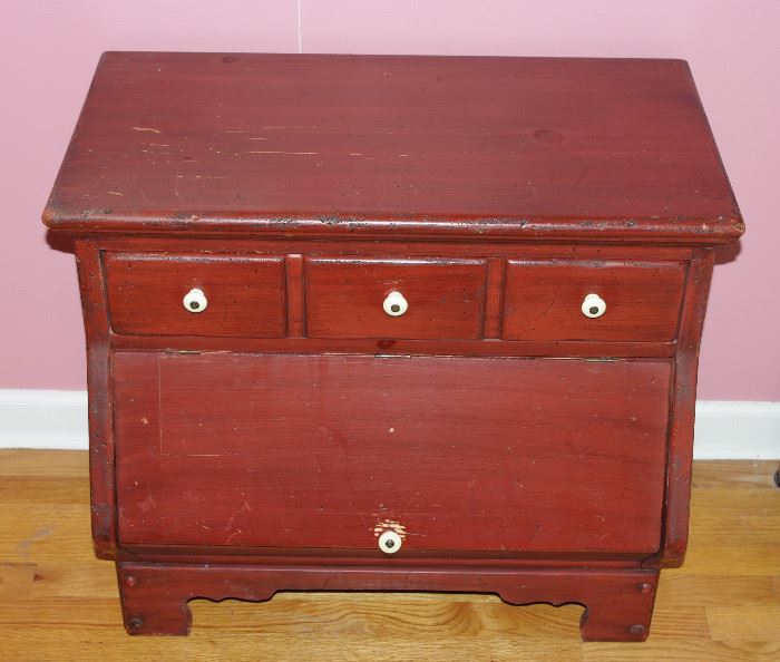 Red antiqued or distressed side table, solid wood.