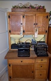 Antique Hoosier and 2 vintage typewriters