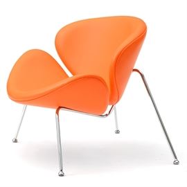 Modway Nutshell Lounge Chair: A Modway Nutshell lounge chair. . The chair has a mid-century modern style and an orange vinyl upholstery and tube chrome legs.