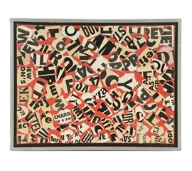 James Yoko Original Mixed Media Painting on Canvas: An original 1990 oil painting on canvas with applied magazine clippings by well-listed Ohio artist James Yoko (1916-2004). The painting features a vivid red field overlaid with ripped pieces of magazines bearing a variety of black and white letters. The painting is signed and dated to the verso and is presented in a wooden slat-style frame with white finish. Yoko was born in Youngstown, Ohio and was awarded a scholarship to the Dayton Art Institute where he earned a BA in Fine Arts. He continued his education by taking post-graduate courses with John King. His work has been shown in New York, Pennsylvania, Miami Valley Cooperative Gallery, Rutledge Gallery, and Antioch College.