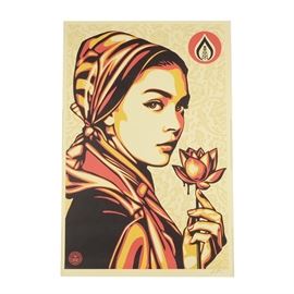 Shepard Fairey Signed 2017 Open Edition Giclée "Natural Springs": A 2017 signed open edition giclée on cream speckled paper, designed and signed in pencil by well-listed and world-renowned American street artist, Shepard Fairey (California/South Carolina; born 1970), titled Natural Springs. The image depicts a stunning portrait of a working-class woman wearing a head scarf, staring impassively at the viewer as she holds a lotus flower dripping in thick, dark oil. To the upper right, an oil rig resides within a circular flame logo, and to the lower left is the OBEY star logo. Artist signature is signed and dated in pencil to the lower right. This print is unframed, awaiting presentation of choice.