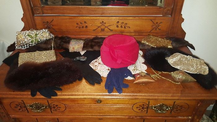 Vintage gloves, hats and mesh and beaded purses