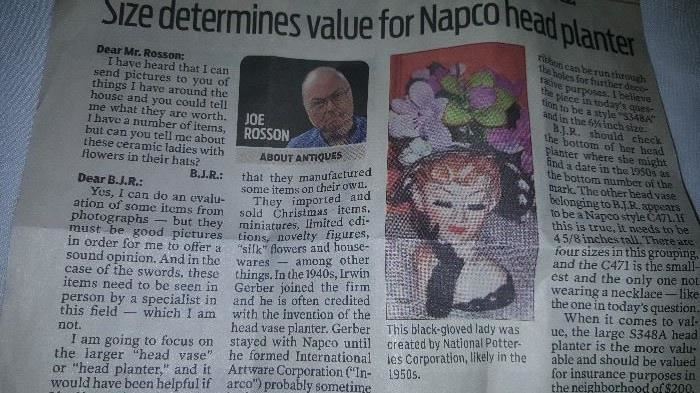 Explanation on valuing Napco head vases