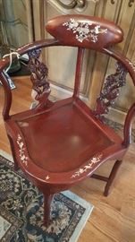 Asian themed corner chair with mother of pearl inlay