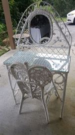 Wicker glass topped mirrored desk and chair