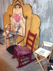 Hand painted headboard, rocker, camp chairs