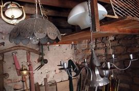 Vintage hanging lamps and bell! Fencing sword!
