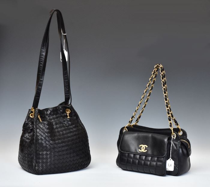 Chanel Black Double Chain Shoulder Bag
11" x 6" with authenticity card 
together with a Bottega Veneta Black
Leather Double Strap Shoulder Bag
10 1/2" high, 9" wide