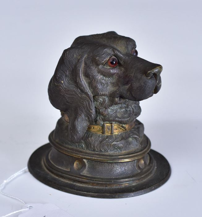Victorian Bronze Dog Inkwell
with glass eyes
3 1/2" high
late 19th century