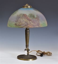 Reverse Painted Table Lamp
attributed to Pittsburgh
14" diameter shade, unsigned
20" high base, signed PLB & Co.
early 20th century