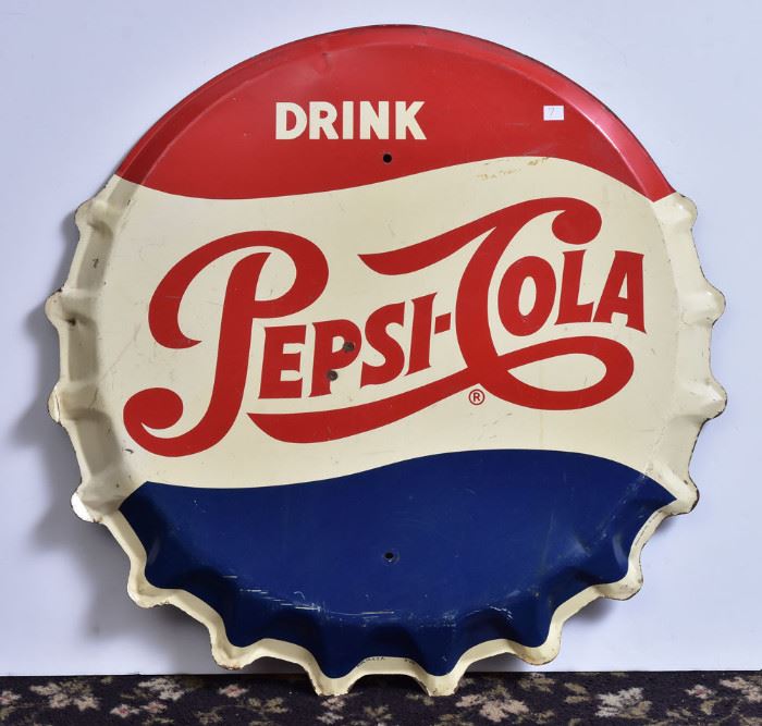 Pepsi Bottle Cap Sign	
30" lithographed metal
circa 1958