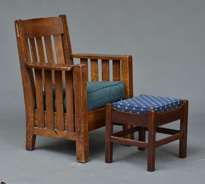 Mission Oak Slat Side Arm Chair
attributed to Harden, 37" high
together with a J. M. Young Footstool
16 1/2" high, signed