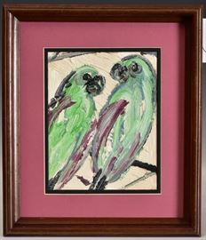 Hunt Slonem 	
Two Parakeets
10" x 8"  oil on board
signed and dated 2004 verso
(For Jane)